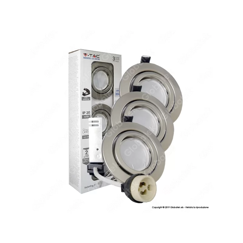 V-TAC VT-4444 SUPER SAVER PACK CONFEZIONE 3 FARETTI LED GU10 5W CON PORTAFARETTI ORIENTABILI - SKU 8884 / 8885 / 8886 
