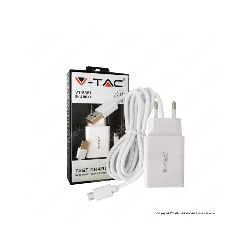 V-TAC VT-5381 CARICABATTERIA USB DA VIAGGIO CON RICARICA RAPIDA 3A E CAVO MICRO USB COLORE BIANCO - SKU 8641 