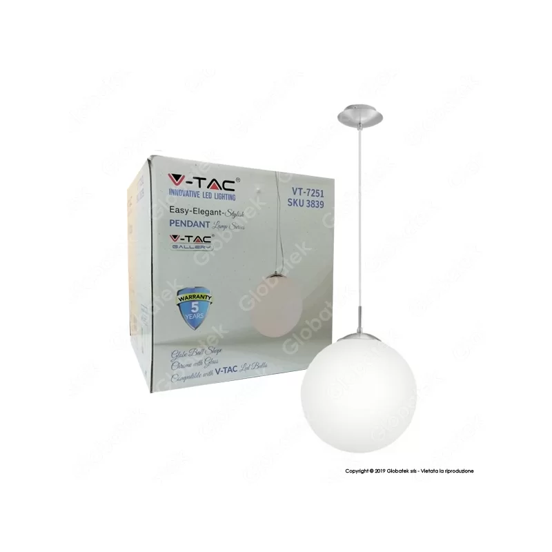 V-TAC VT-7251 LAMPADARIO A SOSPENSIONE IN VETRO OPACO CON PORTALAMPADA PER LAMPADINE E27 - SKU 3839 V-TAC VT-7251 LAMPADARIO A SOSPENSIONE IN VETRO OPACO CON PORTALAMPADA PER LAMPADINE E27 - SKU 3839