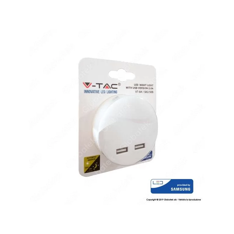 V-TAC VT-84 PUNTO LUCE LED ROTONDO CHIP SAMSUNG CON SENSORE CREPUSCOLARE E 2 PORTE USB - SKU 505 / 506 