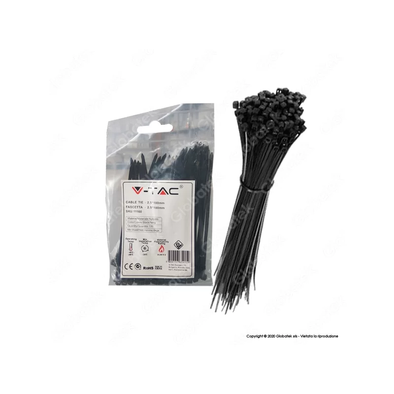 V-TAC CONFEZIONE DA 100 FASCETTE STRINGICAVO AUTOBLOCCANTI IN NYLON 2,5 X 100 MM - SKU 11159 / 11160 