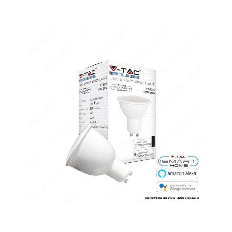 V-TAC SMART VT-5015 LAMPADINA LED WI-FI GU10 FARETTO 4,5W TRICOLOR DIMMERABILE 110° - SKU 8436 