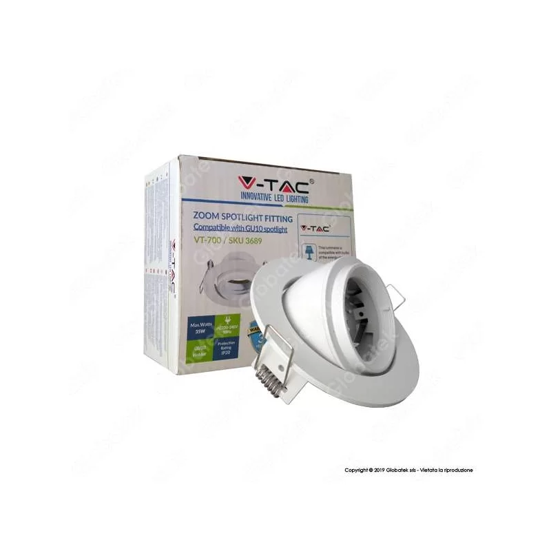 V-TAC VT-700 PORTAFARETTO ORIENTABILE ROTONDO DA INCASSO PER LAMPADINE GU10 E GU5.3 - SKU 3689 