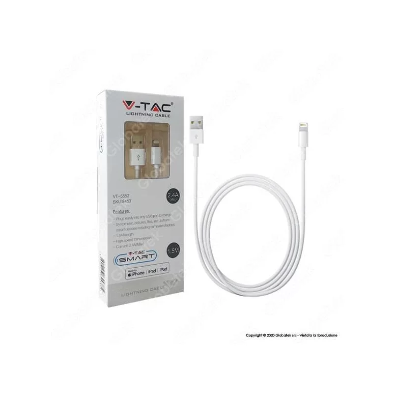 V-TAC VT-5552 USB DATA CABLE LIGHTING CERTIFICATO MFI CAVO COLORE BIANCO 1,5M - SKU 8453 