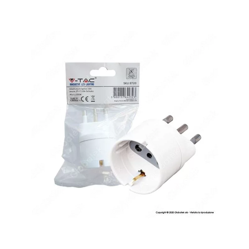 V-TAC ADATTATORE SINGOLO SCHUKO CON SPINA 16A COLORE BIANCO - SKU 8720 