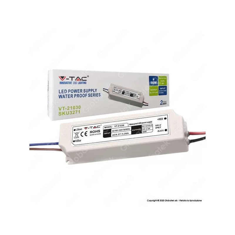 V-TAC VT-21030 ALIMENTATORE 30W IMPERMEABILE IP67 A 1 USCITA CON CAVI A SALDARE - SKU 3271 