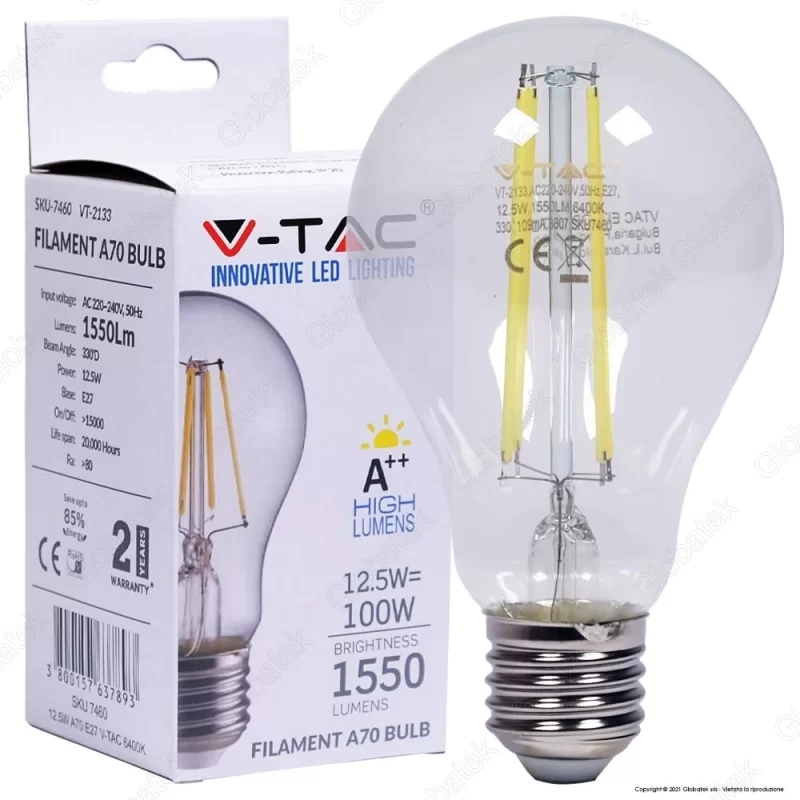 V-TAC VT-2133 LAMPADINA LED FILAMENT E27 12,5W BULB A70 - SKU 7458 / 7459 / 7460 