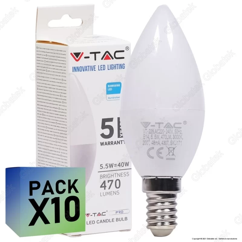 10 LAMPADINE LED V-TAC PRO VT-226 E14 5,5W CANDELA CHIP SAMSUNG - PACK RISPARMIO 