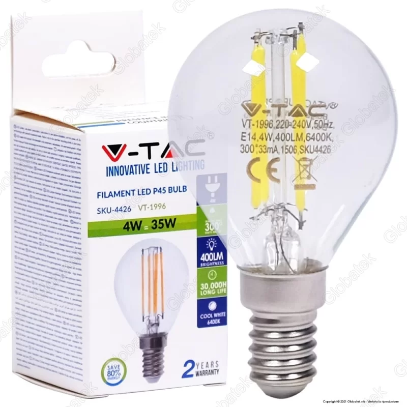 V-TAC VT-1996 LAMPADINA LED E14 4W MINIGLOBO FILAMENTO P45 - SKU 4300 / 4425 / 4426 