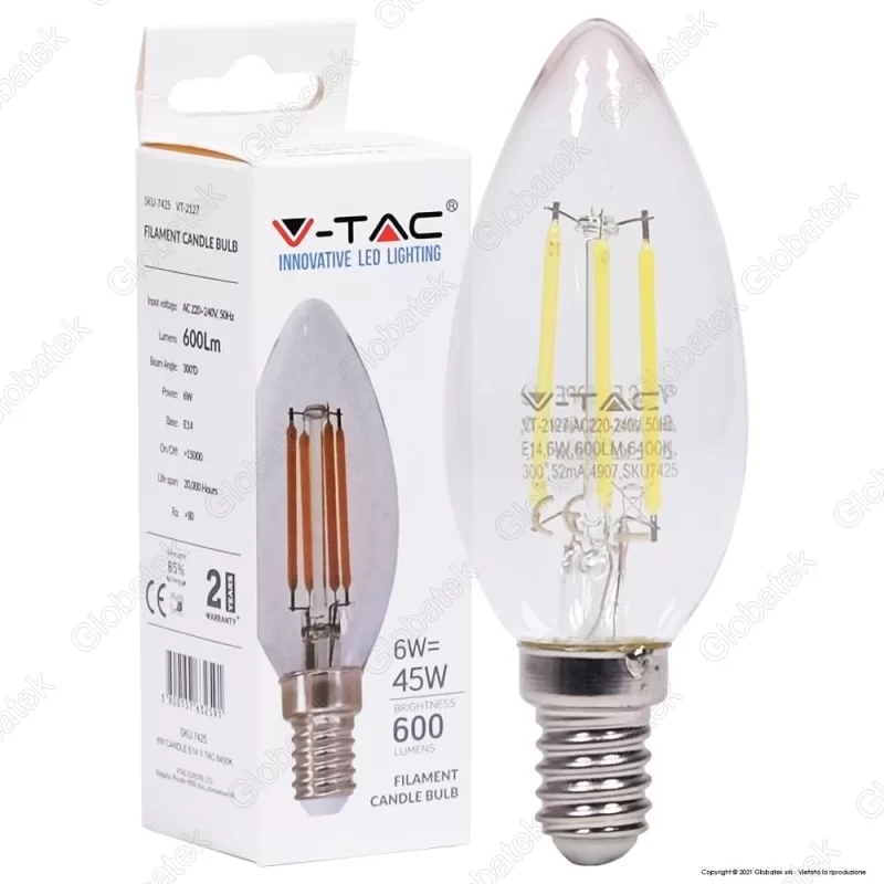 V-TAC VT-2127 LAMPADINA LED E14 6W CANDELA FILAMENTO - SKU 7423 / 7424 / 7425 