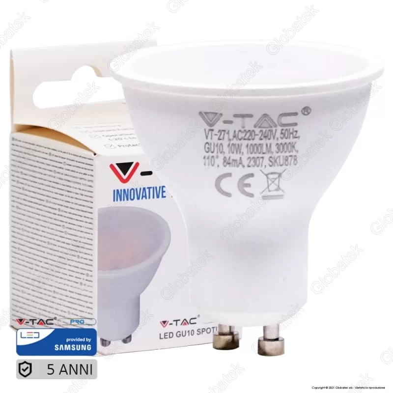 V-TAC PRO VT-271 LAMPADINA LED GU10 10W FARETTO SPOTLIGHT CHIP SAMSUNG 110° - SKU 878 / 879 / 880 