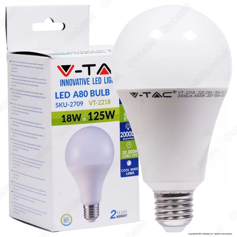 V-TAC VT-2218 LAMPADINA LED E27 18W BULB A80 - SKU 2707 / 2708 / 2709 