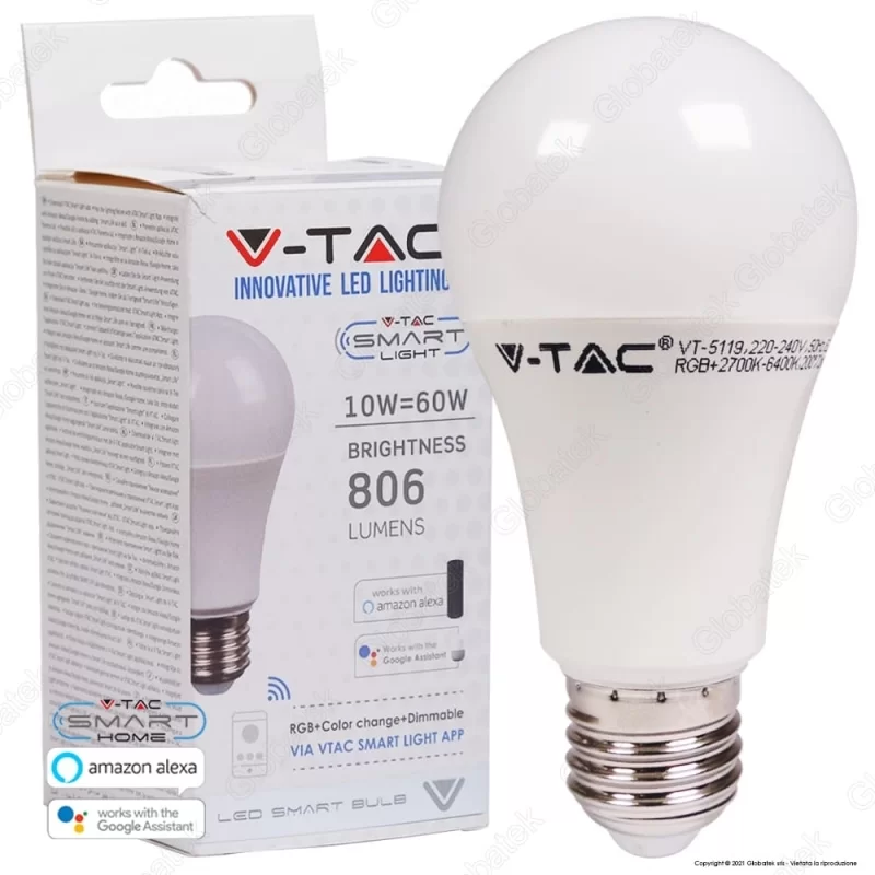 V-TAC SMART VT-5119 LAMPADINA LED WI-FI E27 10W BULB A60 RGB+W 4IN1 DIMMERABILE - SKU 2751 