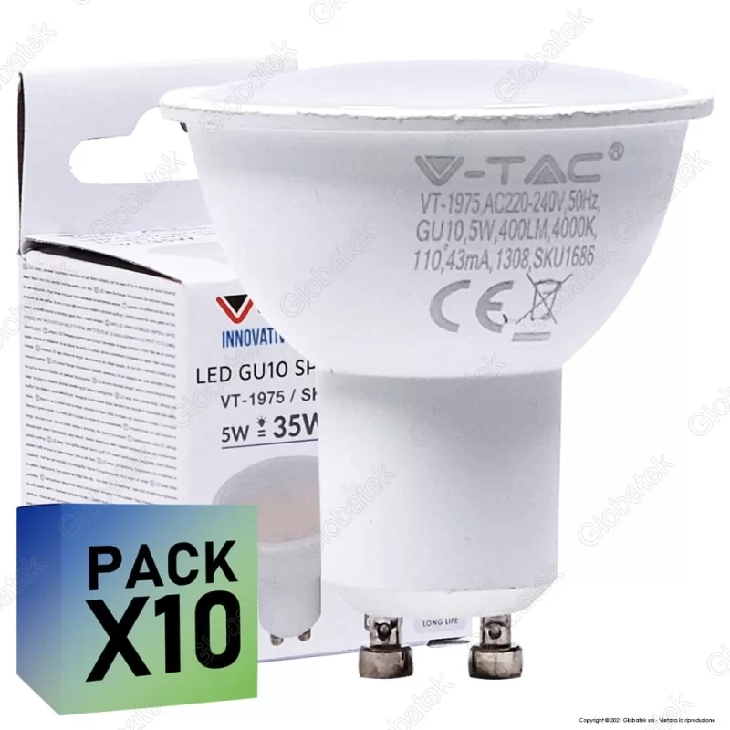 10 Lampadine LED V-Tac VT-1975 GU10 5W Faretto Spotlight - Pack Risparmio 