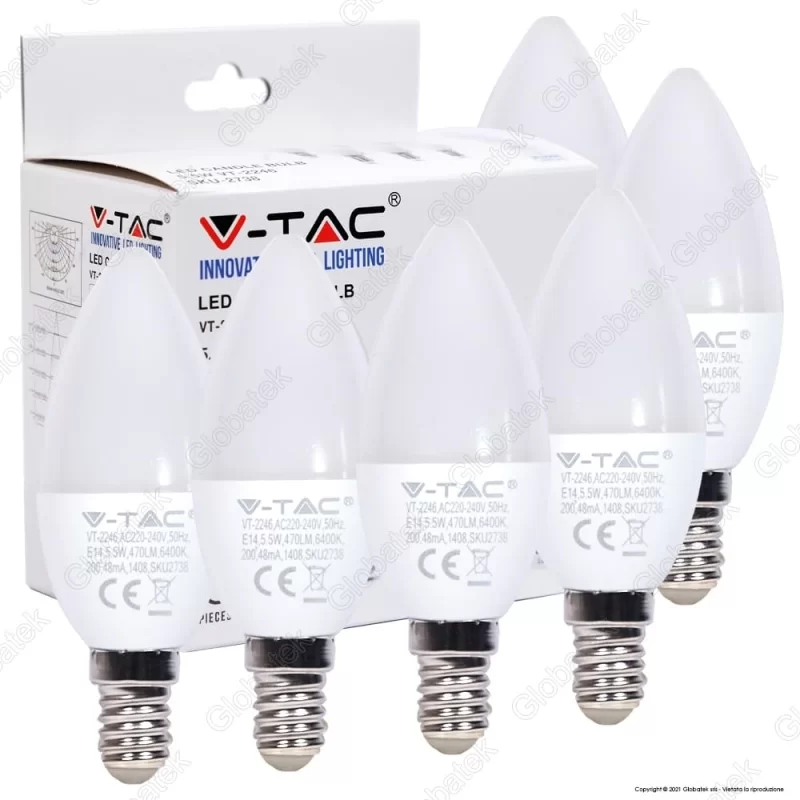 V-TAC VT-2246 SUPER SAVER PACK CONFEZIONE 6 LAMPADINE LED E14 5,5W CANDELA - SKU 2736 / 2737 / 2738 