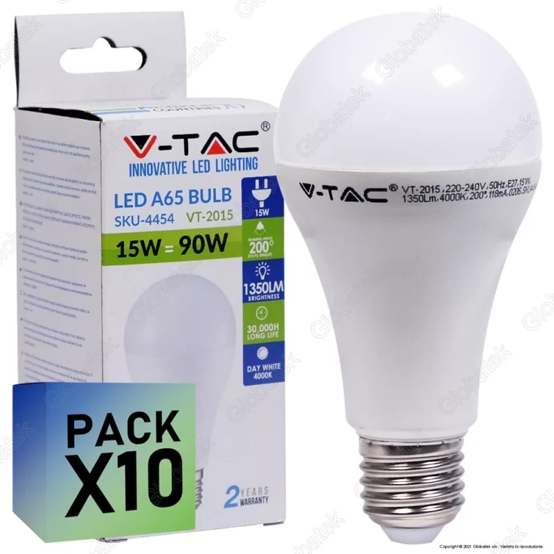 10 Lampadine LED V-Tac VT-2015 E27 15W Bulb A65 - Pack Risparmio 