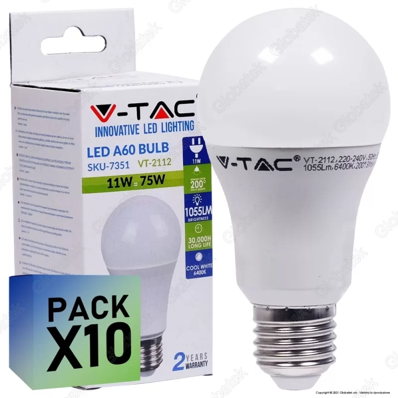 10 Lampadine LED V-Tac VT-2112 E27 11W Bulb A60 - Pack Risparmio 