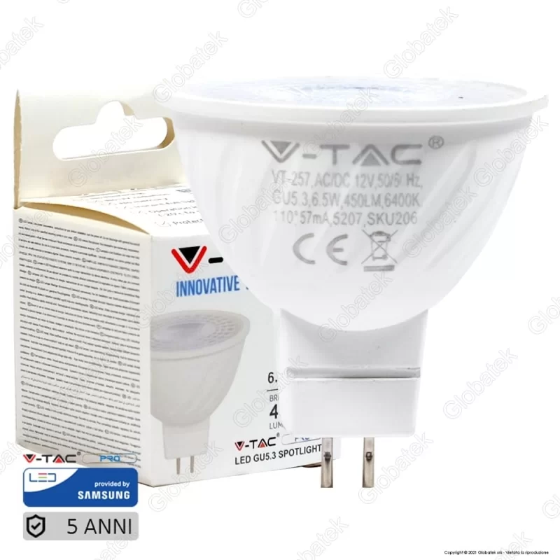 V-TAC PRO VT-257 LAMPADINA LED GU5.3 (MR16) 6,5W FARETTO SPOTLIGHT CHIP SAMSUNG - SKU 204 / 205 / 206 