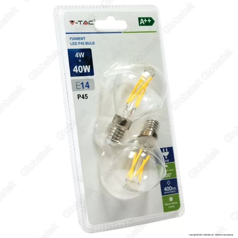 V-TAC VT-2184 DUO PACK CONFEZIONE 2 LAMPADINE LED E14 4W MINIGLOBO CROSS FILAMENT - SKU 7366 
