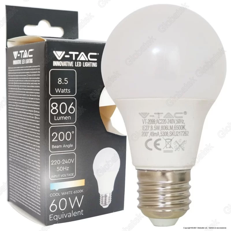 V-TAC VT-2099 LAMPADINA LED E27 8,5W BULB A60 - SKU 217260 / 217261 / 217262 