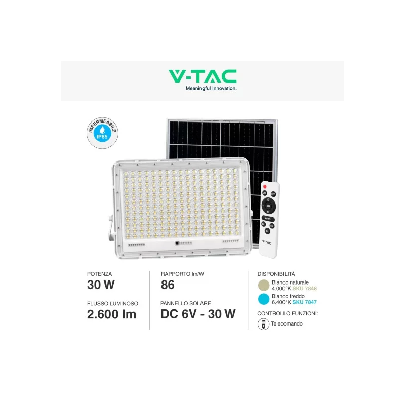 V-TAC VT-240W FARO LED FLOODLIGHT 30W IP65 COLORE BIANCO CON PANNELLO SOLARE E TELECOMANDO - SKU 7848 / 7847 