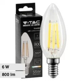 V-TAC VT-2327 LAMPADINA LED E14 6W CANDELA C37 FILAMENT VETRO TRASPARENTE - SKU 212848 / 212850