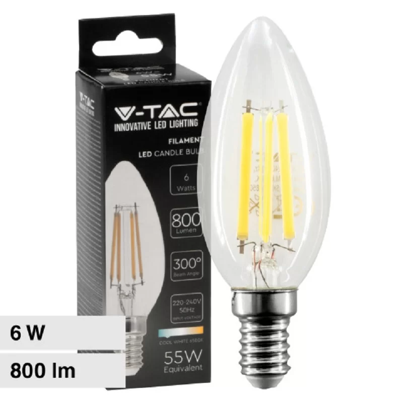 V-TAC VT-2327 LAMPADINA LED E14 6W CANDELA C37 FILAMENT VETRO TRASPARENTE - SKU 212848 / 212850