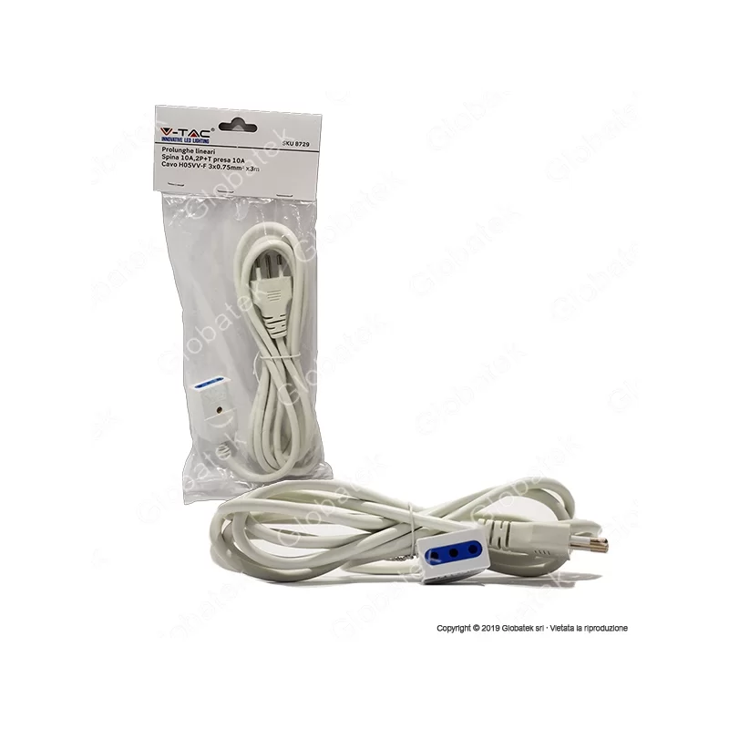 V-TAC CAVO PROLUNGA SPINA E PRESA ITALIANE 3 METRI 10A COLORE BIANCO - SKU 8729 