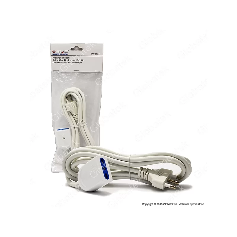 V-TAC CAVO PROLUNGA SPINA E PRESA ITALIANE 3 METRI 16A COLORE BIANCO - SKU 8731 