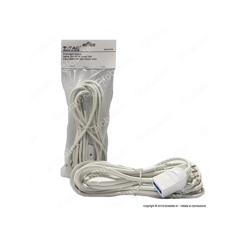 V-TAC CAVO PROLUNGA SPINA E PRESA ITALIANE 5 METRI 10A COLORE BIANCO - SKU 8730 