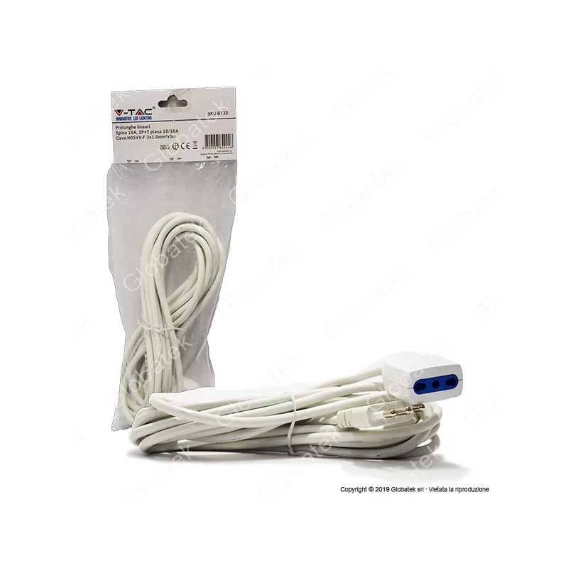 V-TAC CAVO PROLUNGA SPINA E PRESA ITALIANE 5 METRI 16A COLORE BIANCO - SKU 8732 