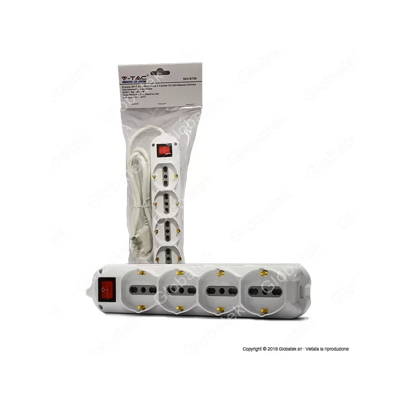 V-TAC MULTIPRESA 12 POSTI SALVASPAZIO COLORE BIANCO CON INTERRUTTORE LUMINOSO - SKU 8736 