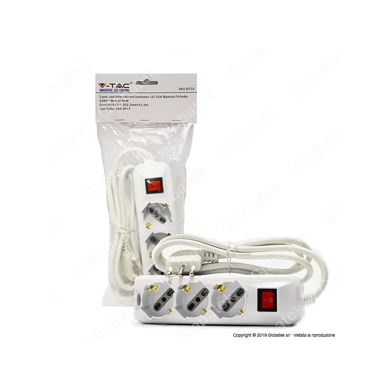 V-TAC MULTIPRESA 3 POSTI COLORE BIANCO CON INTERRUTTORE LUMINOSO - SKU 8710 