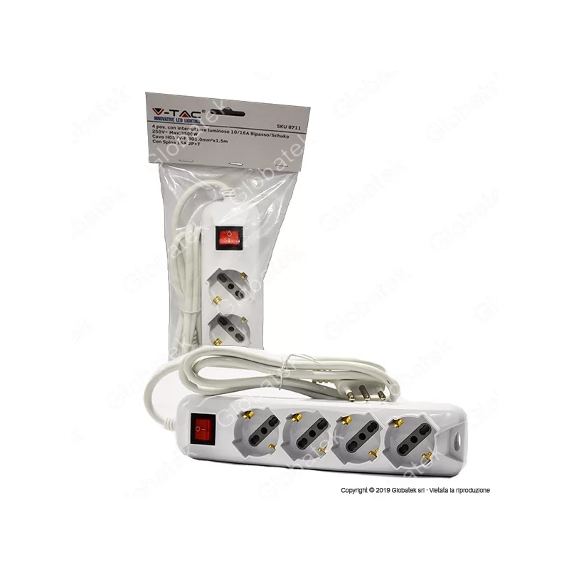 V-TAC MULTIPRESA 4 POSTI COLORE BIANCO CON INTERRUTTORE LUMINOSO - SKU 8711 