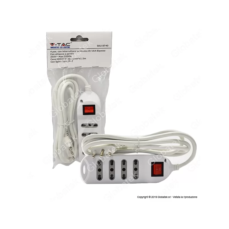 V-TAC MULTIPRESA 4 POSTI COLORE BIANCO CON INTERRUTTORE LUMINOSO - SKU 8740 