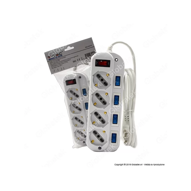 V-TAC MULTIPRESA 4 POSTI COLORE BIANCO CON INTERRUTTORI SINGOLI E GENERALE E PROTEZIONE RIPRISTINABILE - SKU 8737 