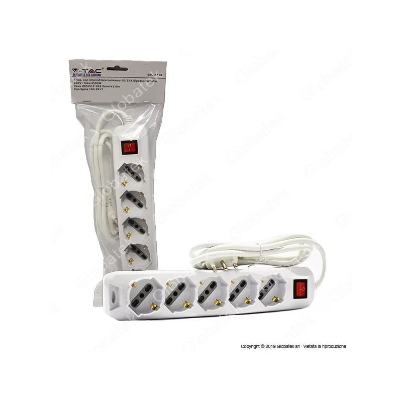 V-TAC MULTIPRESA 5 POSTI COLORE BIANCO CON INTERRUTTORE LUMINOSO - SKU 8712 
