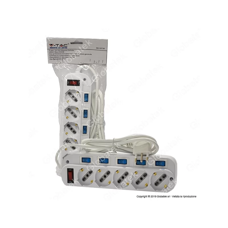 V-TAC MULTIPRESA 5 POSTI COLORE BIANCO CON INTERRUTTORI SINGOLI E GENERALE E PROTEZIONE RIPRISTINABILE - SKU 8738 