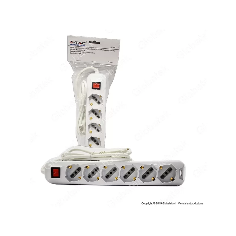 V-TAC MULTIPRESA 6 POSTI COLORE BIANCO CON INTERRUTTORE LUMINOSO - SKU 8713 