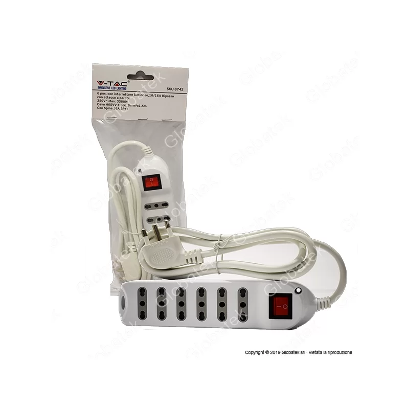 V-TAC MULTIPRESA 6 POSTI COLORE BIANCO CON INTERRUTTORE LUMINOSO - SKU 8742 