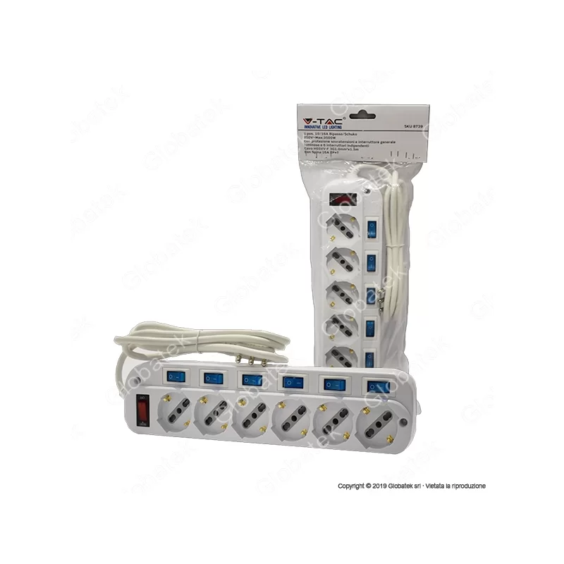 V-TAC MULTIPRESA 6 POSTI COLORE BIANCO CON INTERRUTTORI SINGOLI E GENERALE E PROTEZIONE RIPRISTINABILE - SKU 8739 