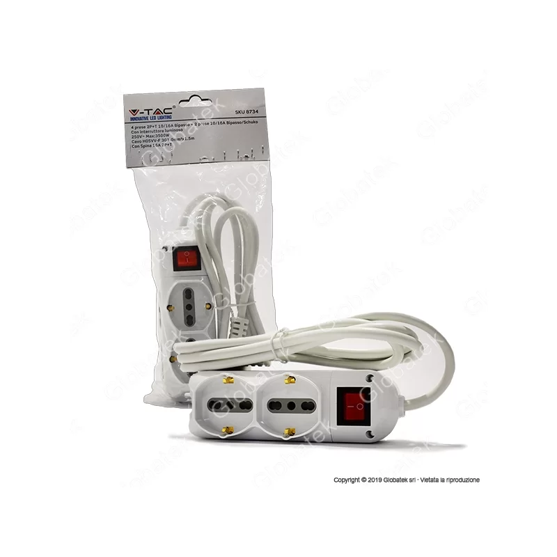 V-TAC MULTIPRESA 6 POSTI SALVASPAZIO COLORE BIANCO CON INTERRUTTORE LUMINOSO - SKU 8734 
