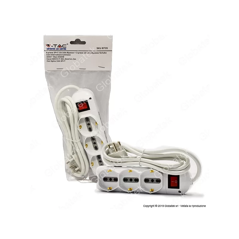 V-TAC MULTIPRESA 9 POSTI SALVASPAZIO COLORE BIANCO CON INTERRUTTORE LUMINOSO - SKU 8735 