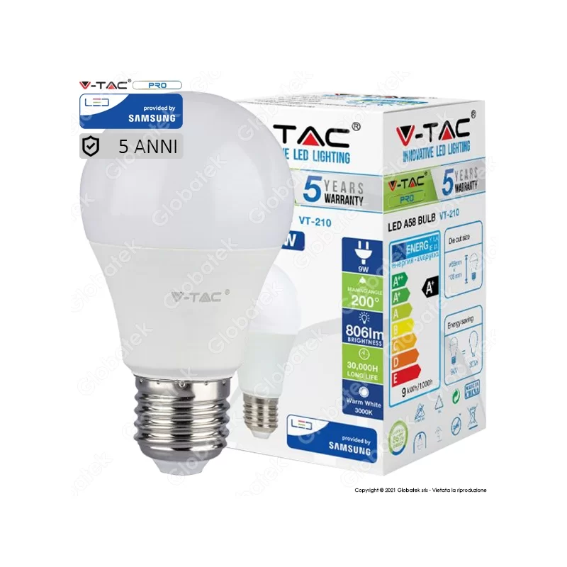 V-TAC PRO VT-210 LAMPADINA LED E27 9W BULB A58 CHIP SAMSUNG - SKU 228 / 229 / 230 