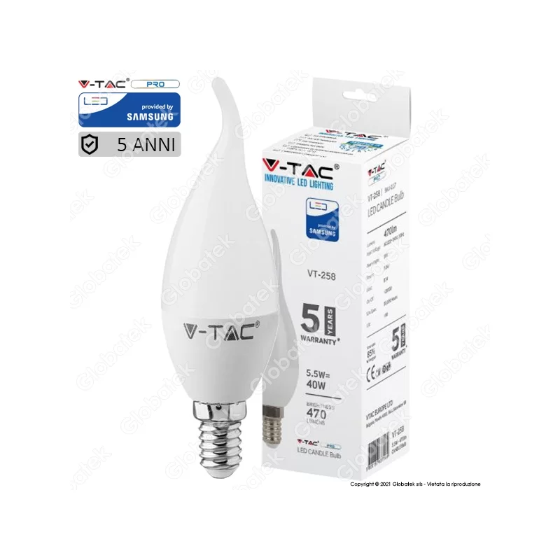 V-TAC PRO VT-258 LAMPADINA LED E14 5,5W CANDELA FIAMMA CHIP SAMSUNG - SKU 117 / 118 / 119 