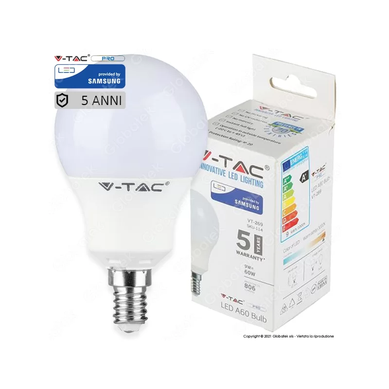 V-TAC PRO VT-269 LAMPADINA LED E14 9W BULB A60 CHIP SAMSUNG - SKU 114 / 115 / 116 