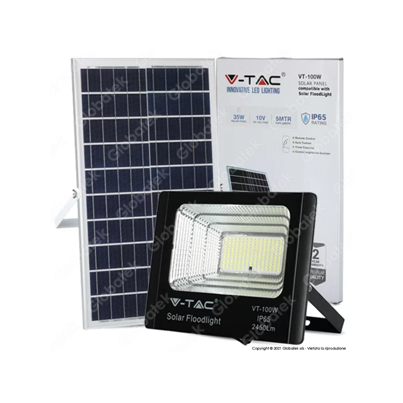 V-TAC VT-100W FARO LED 35W A BATTERIA CON PANNELLO SOLARE E TELECOMANDO - SKU 8576 / 94012 