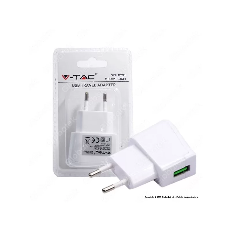 V-TAC VT-1024 ALIMENTATORE USB DA VIAGGIO COLORE BIANCO - SKU 8791 