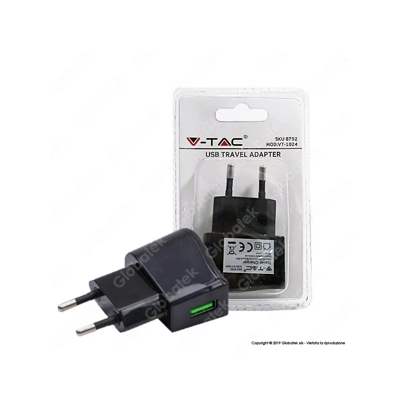 V-TAC VT-1024 ALIMENTATORE USB DA VIAGGIO COLORE NERO - SKU 8792 