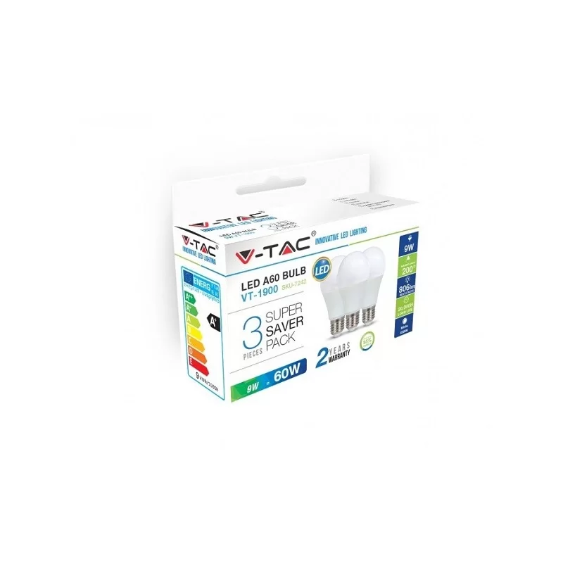 V-TAC VT-1900 SUPER SAVER PACK CONFEZIONE 3 LAMPADINE LED E27 9W BULB A60 - SKU 7240 / 7241 / 7242 